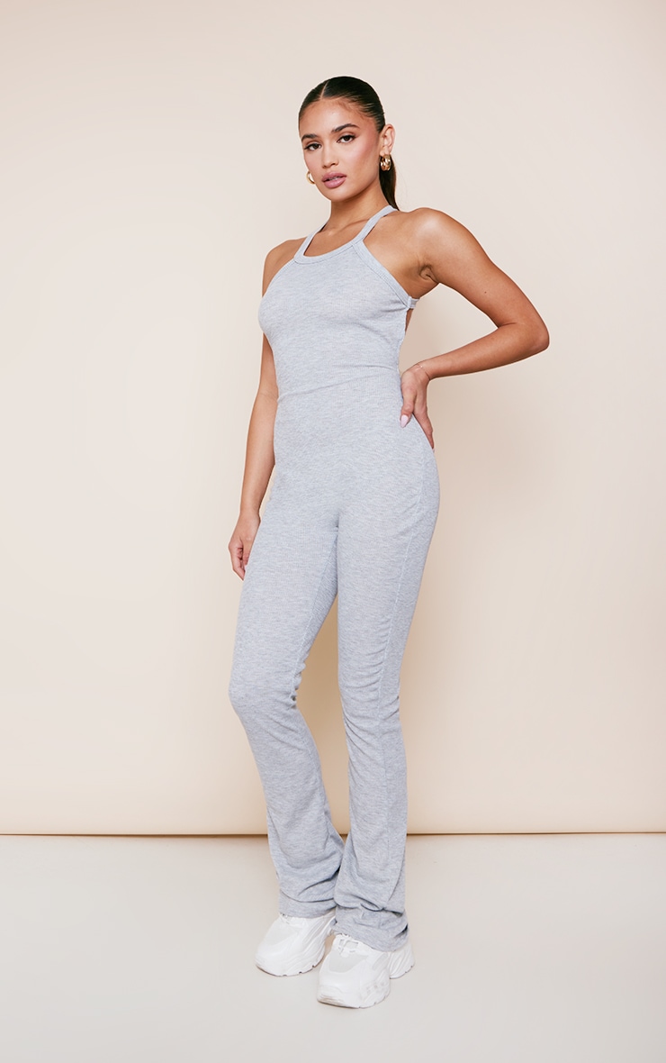 Grey Marl Ribbed Cross Strap Detail Backless Jumpsuit image 3