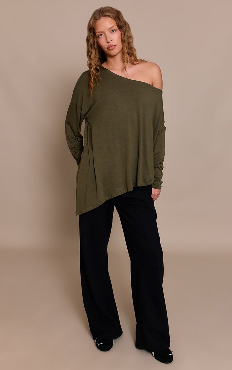 Khaki Soft Jersey Oversized Slouchy Long Sleeve Top image 3
