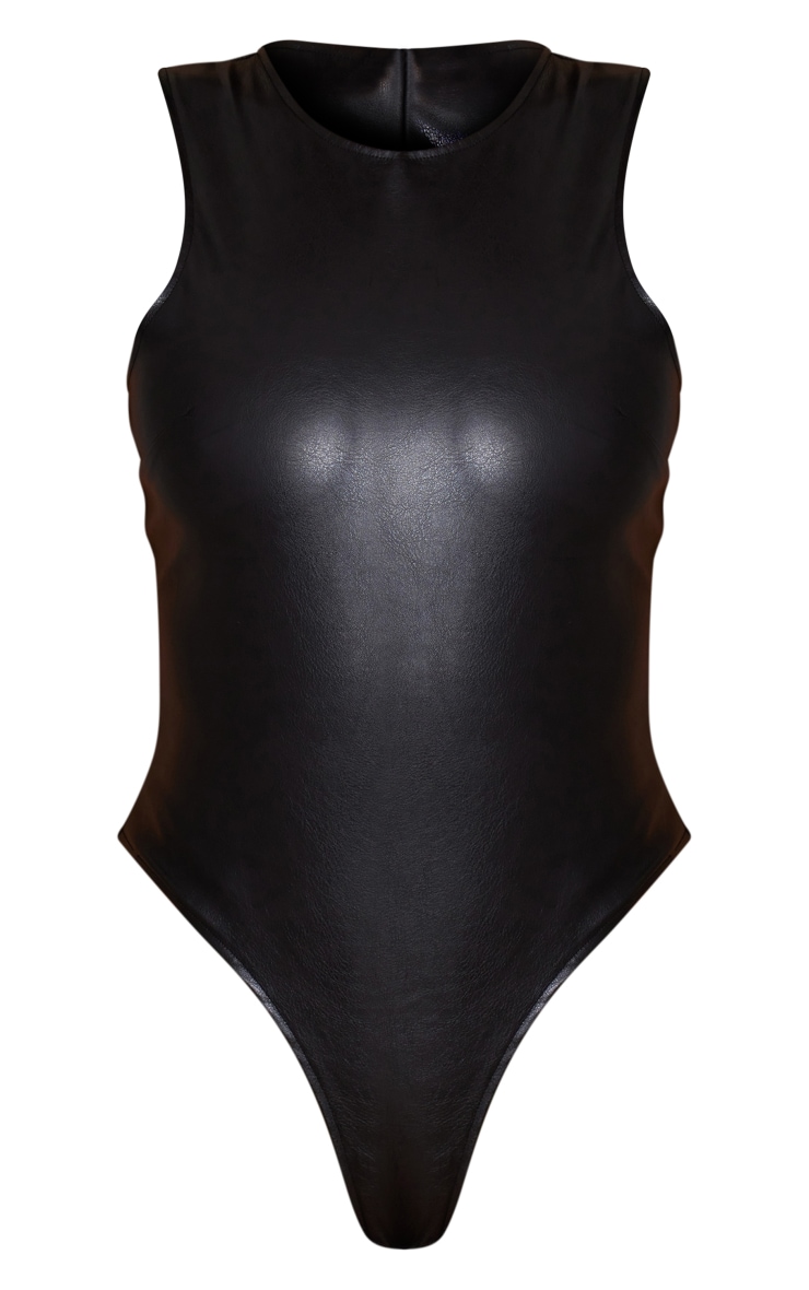 Black Faux Leather Racer Bodysuit Tops PrettyLittleThing QA
