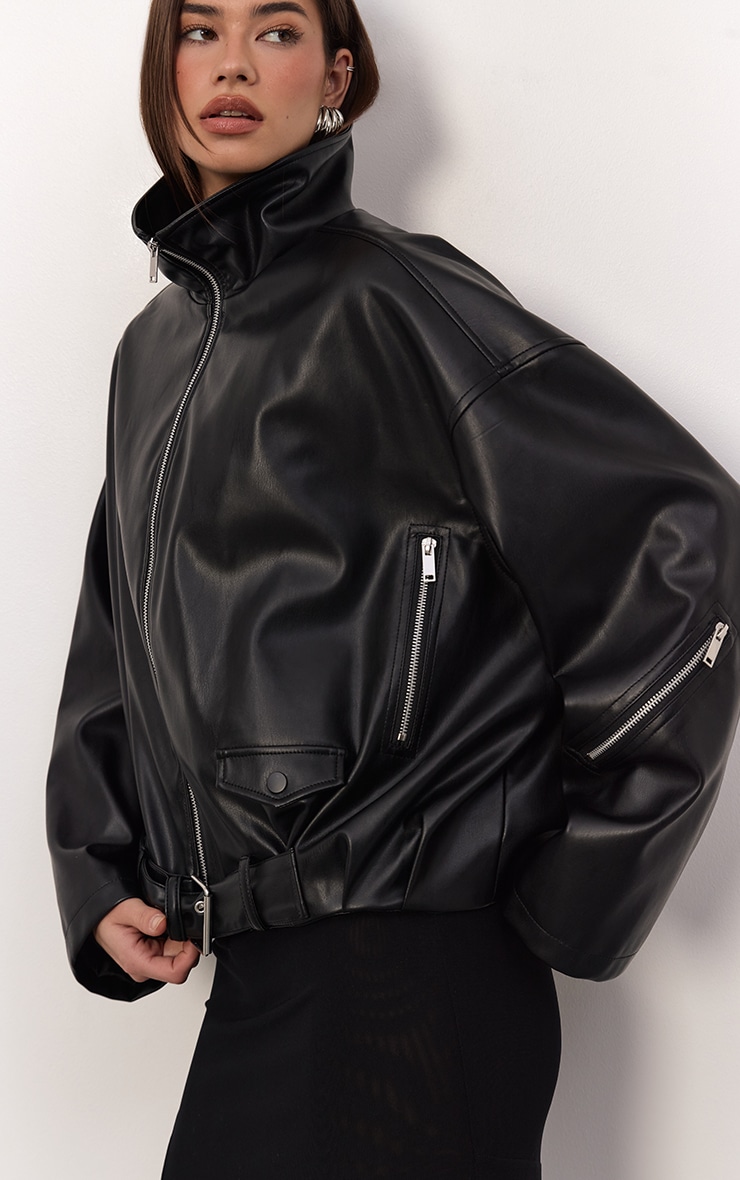 Veste motard en PU noir froncée à ceinture basse image 3