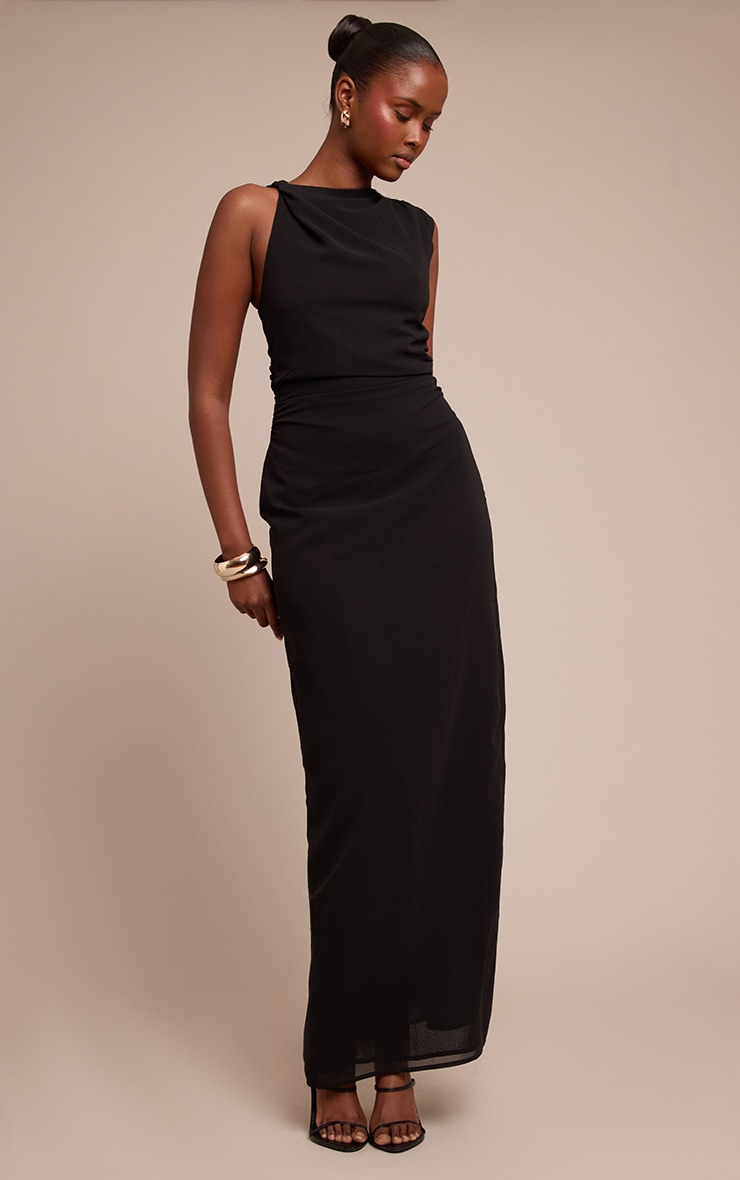 Black Chiffon Ruched Maxi Dress image 3