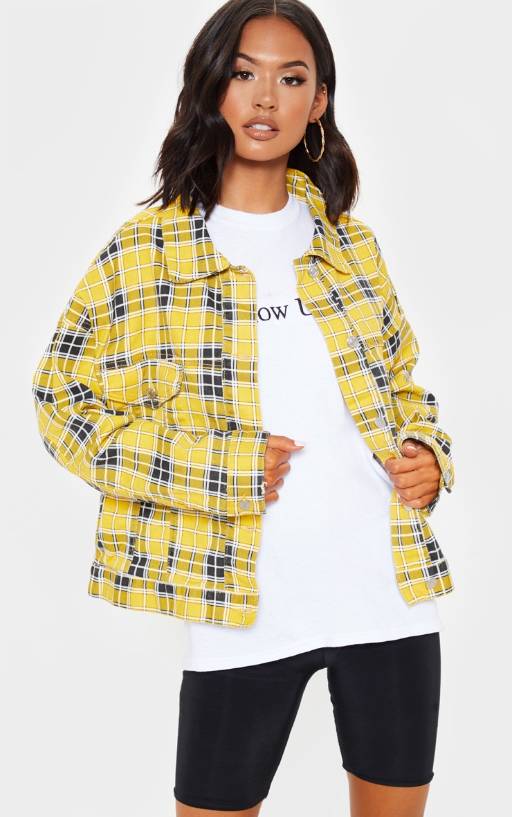 Yellow Checked Oversized Denim Jacket Denim PrettyLittleThing QA