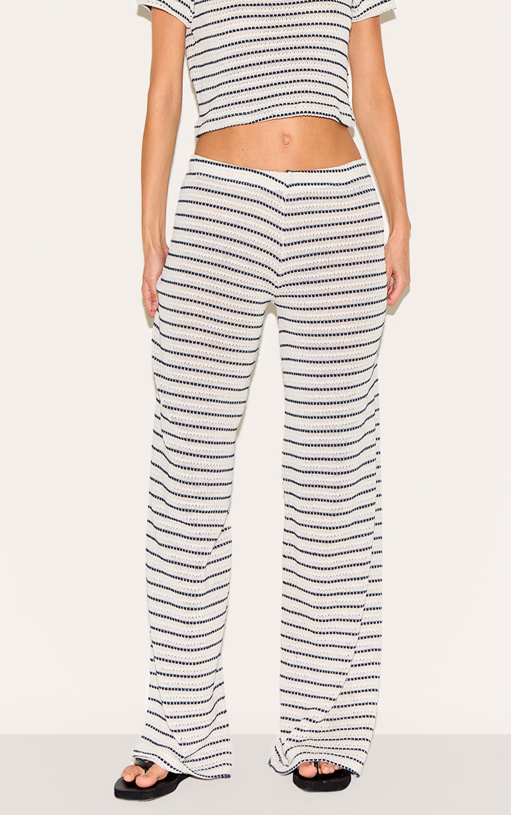 Navy Striped Textured Casual Pants image 2