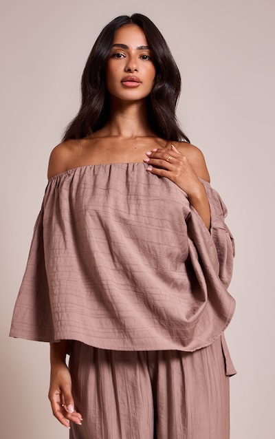 Petite Taupe Crinkle Asymmetric Bardot Cape Top