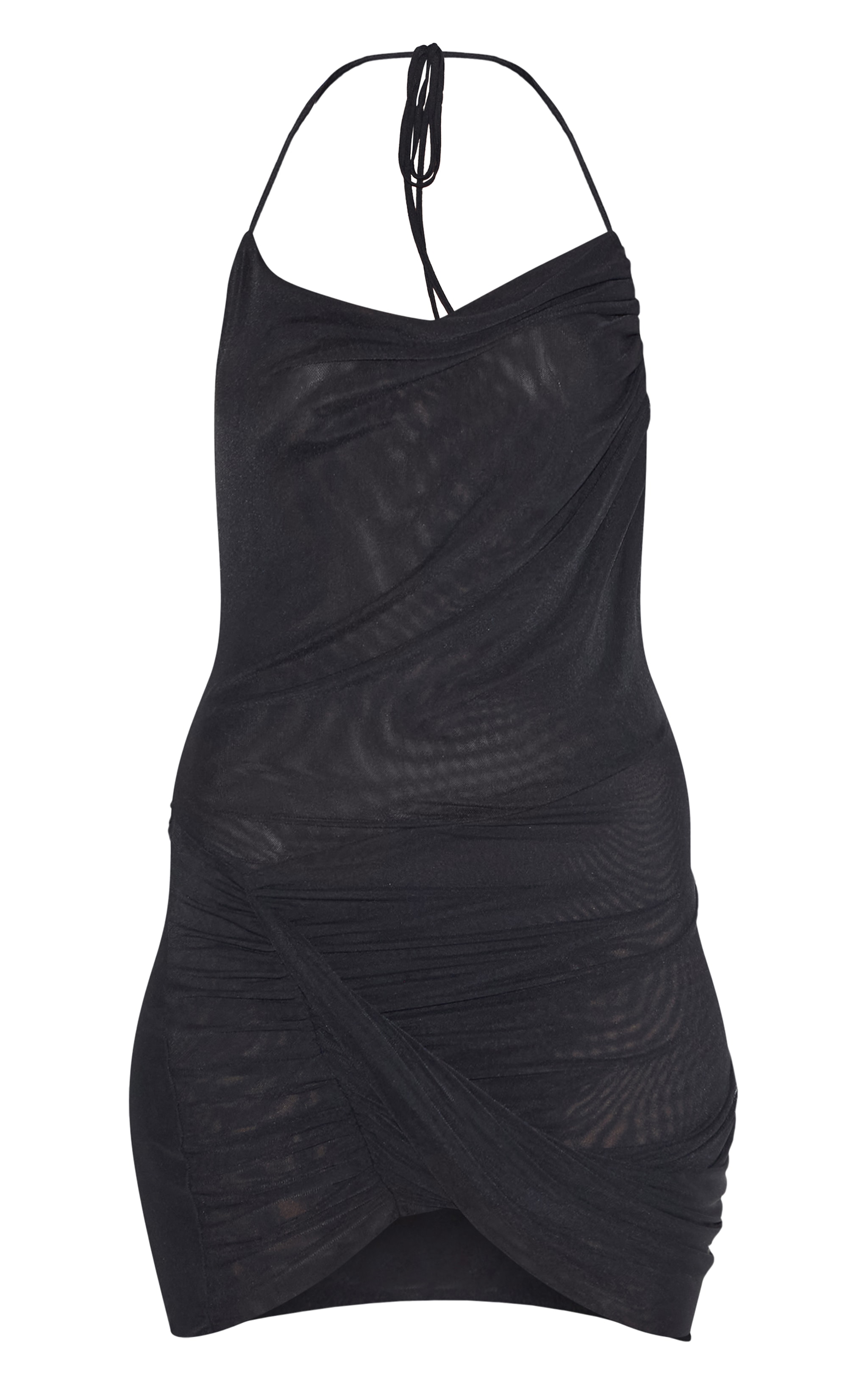 Black Mesh Ruched Halter Neck Mini Dress image 5