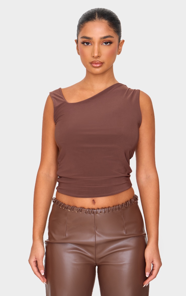 Petite Chocolate Double Slinky Asymmetric Neckline Long Top image 1