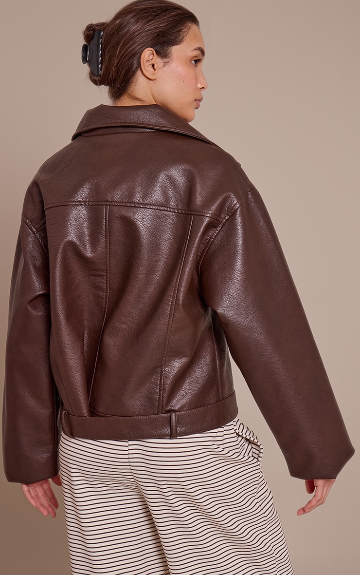 Brown Faux Leather Oversized Biker Jacket image 2
