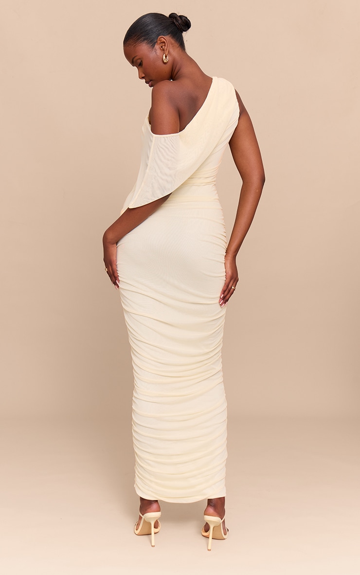 Almond Mesh Overlay One Shoulder Ruched Maxi Dress image 2