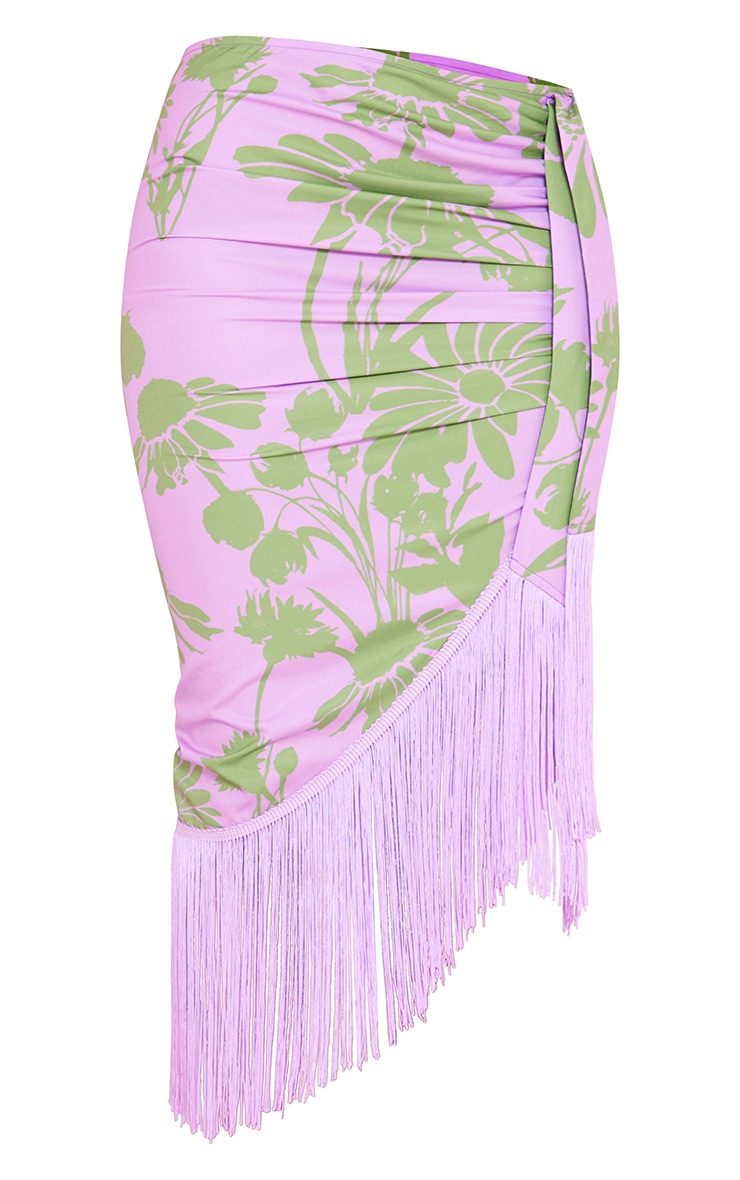 Purple Floral Print Tassel Hem Midi Skirt image 5