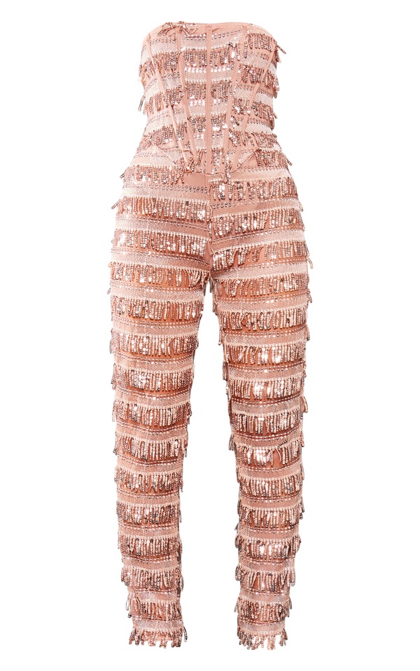 Pale Pink Tassel Sequin Corset Bandeau Jumpsuit PrettyLittleThing