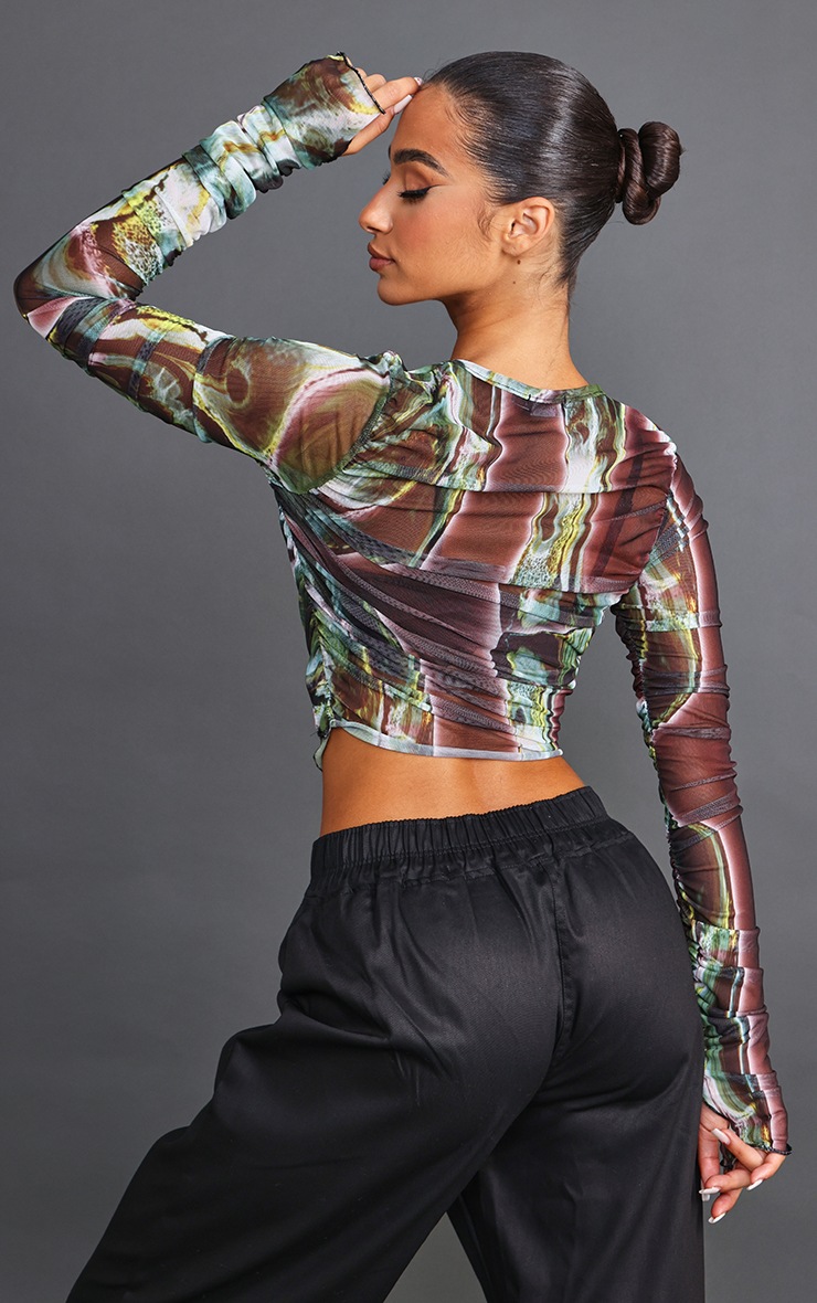 Petite Green Celluar Print Ruched Mesh Crop Top image 2