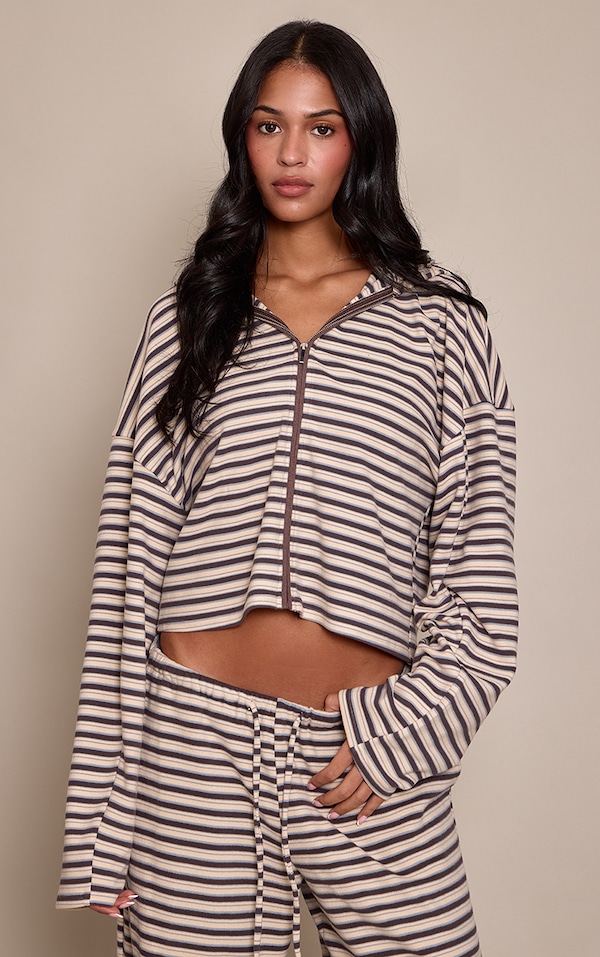 Tall Brown Striped Soft Fleece Zip Up Jacket