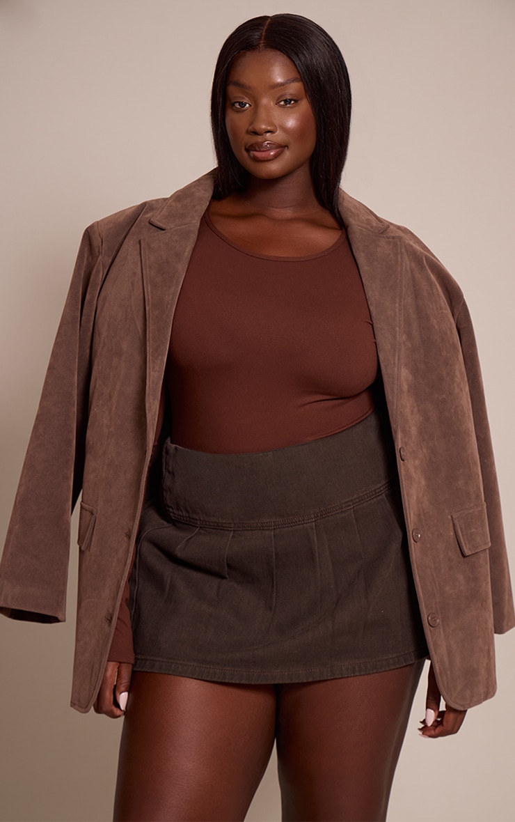 Plus Dark Chocolate Floaty Pleated Denim Mini Skirt image 1