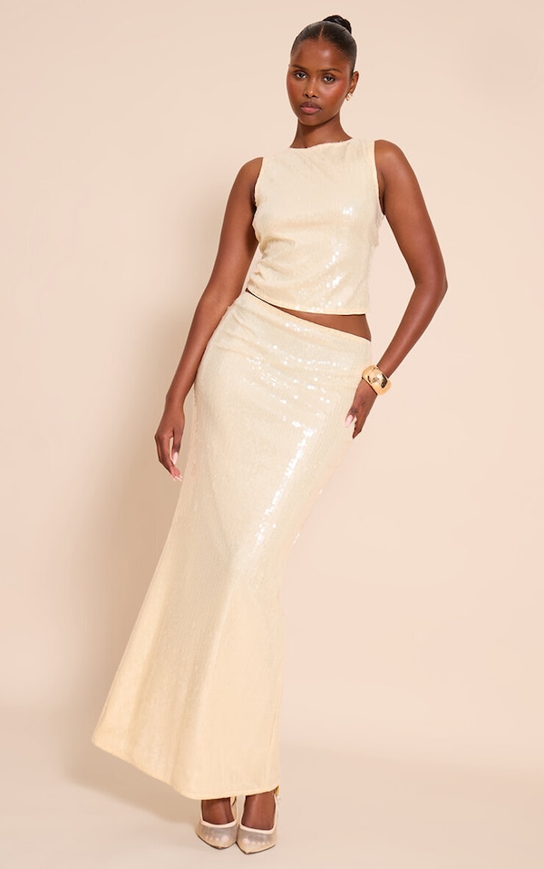 Cream Sequin Low Rise Maxi Skirt