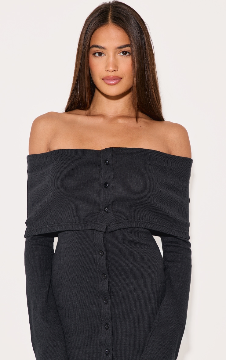Black Rib Fold Over Bardot Button Maxi Dress image 4