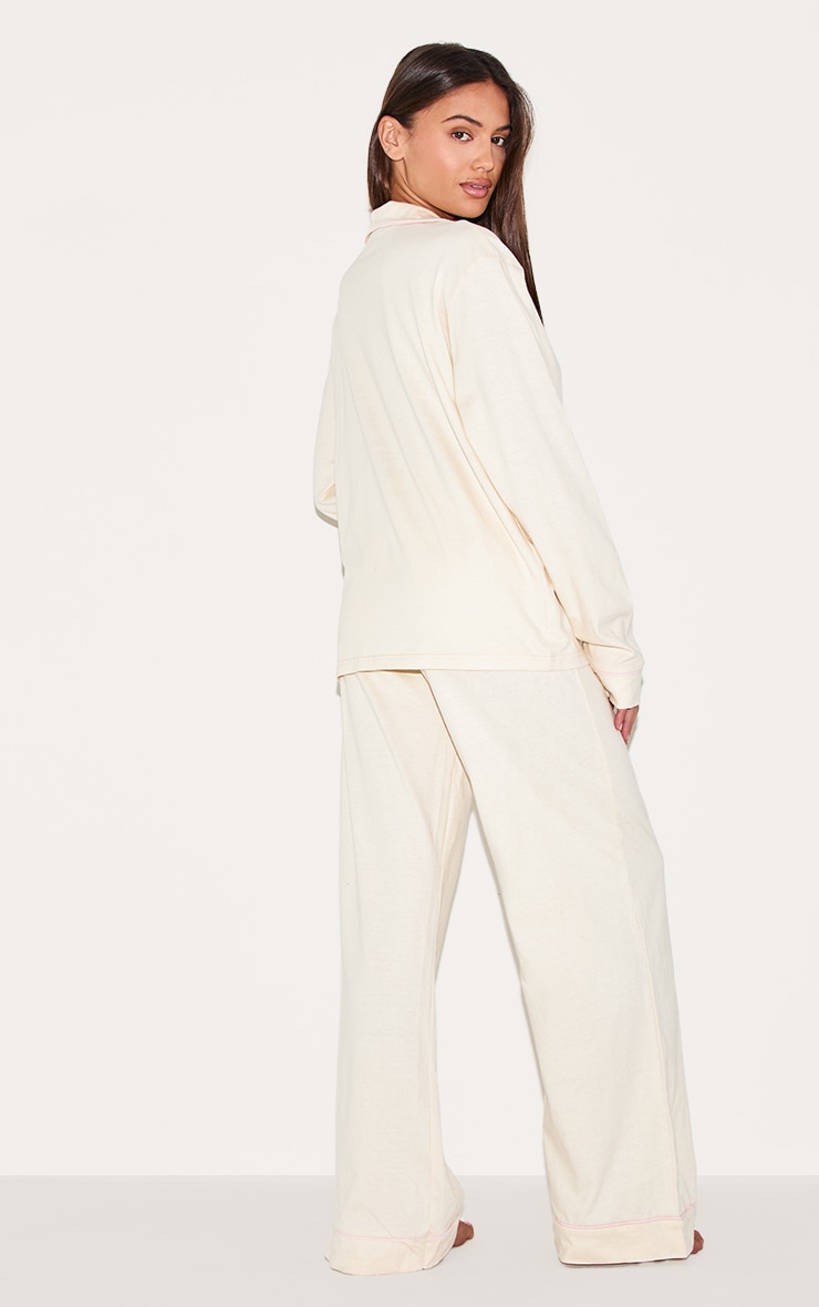 Cream Bow Embroidered Jersey Contrast Piping Long Pj Set image 2