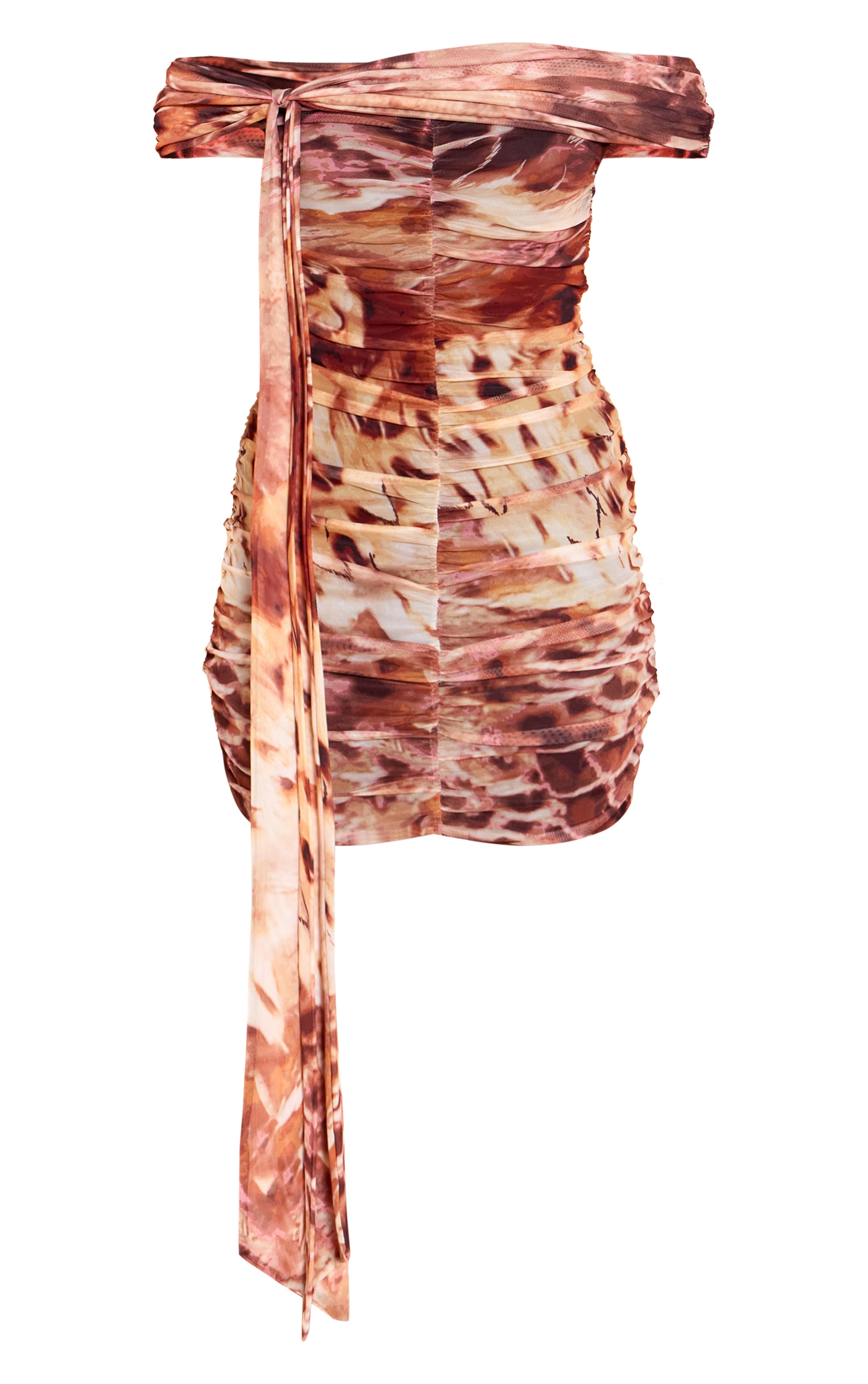 Beige Abstract Print Lined Mesh Bardot Mini Dress image 5