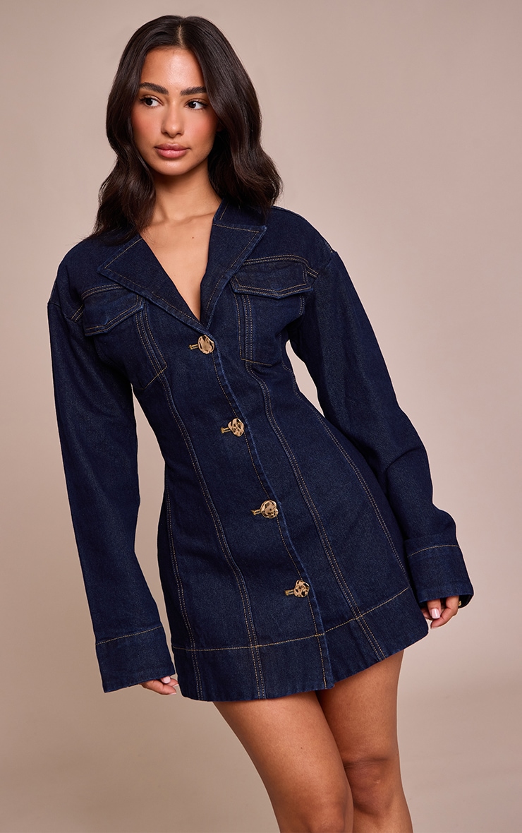Petite Indigo Button Detail Long Sleeve Denim Dress image 1