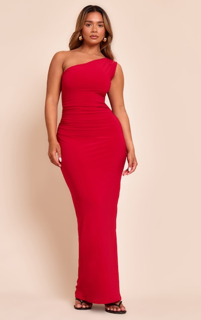 Shape Red One Shoulder Ruched Side Maxi Dress