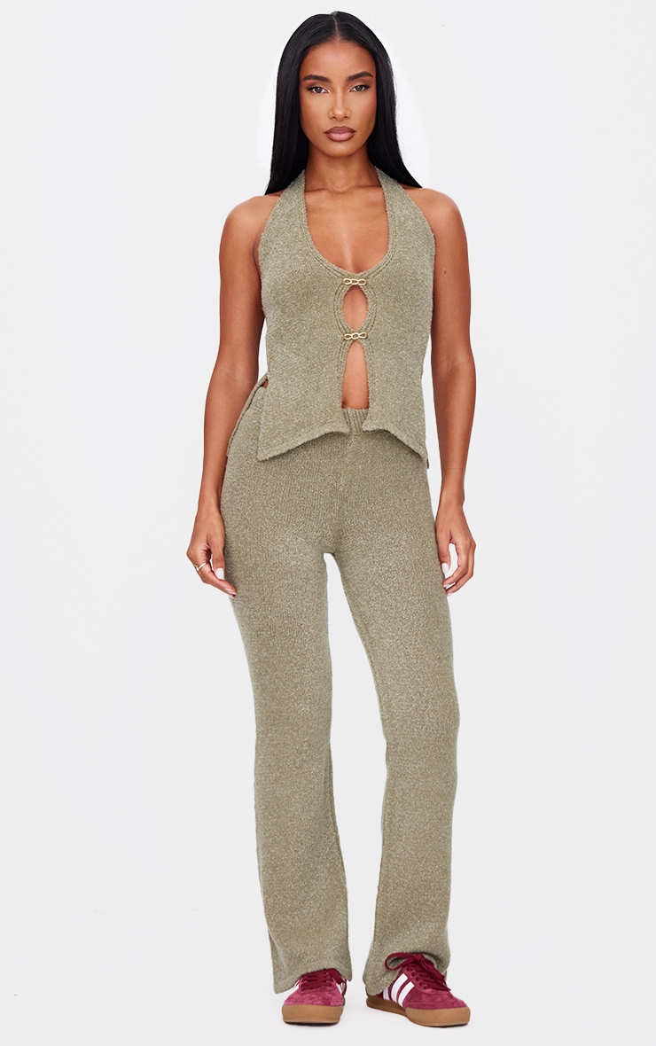 Olive Soft Bobble Knit Gold Trim Waistcoat Top image 3