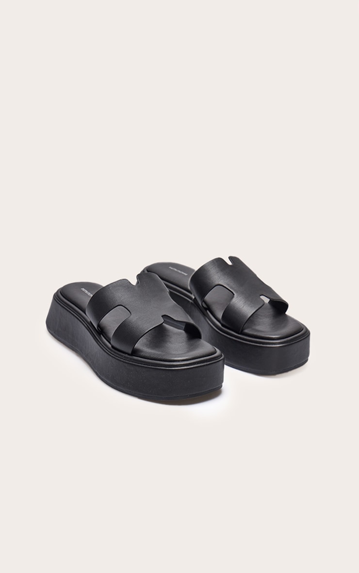 Black Pu Strap Round Toe Flatform Sandals image 2