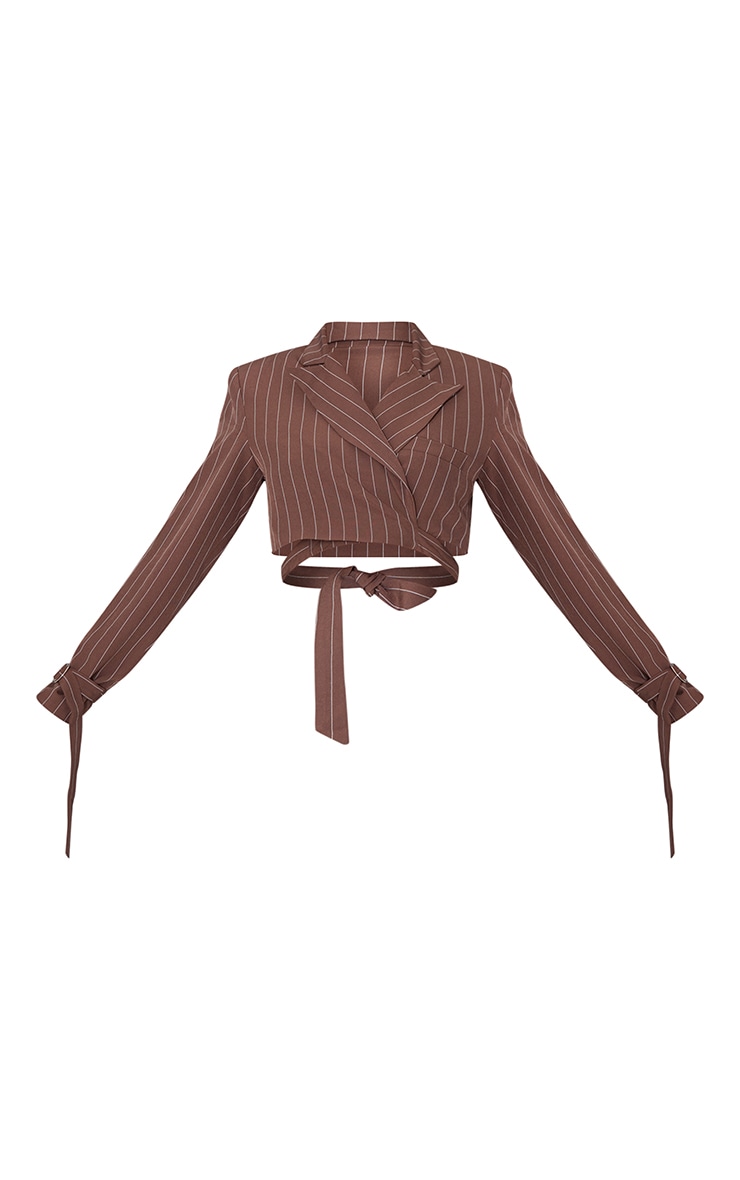 Brown Stripe Tie Detail Oversized Cropped Blazer image 5