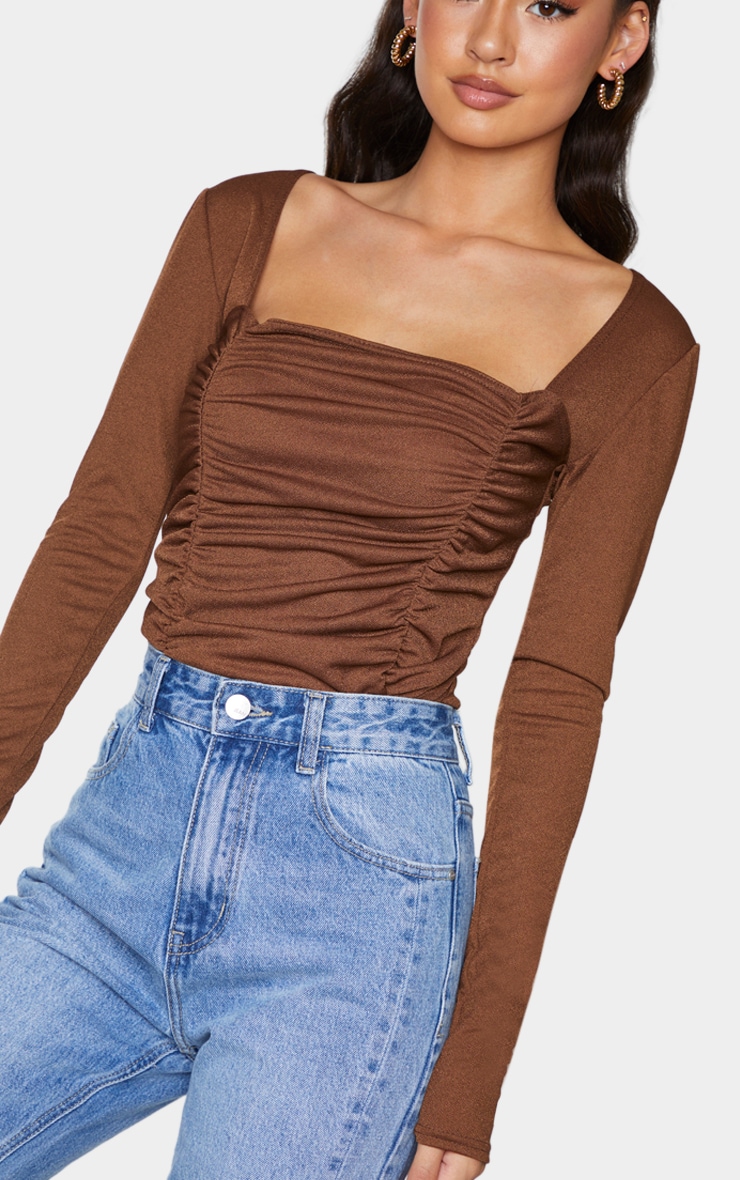 Chocolate Ruched Long Sleeve Bodysuit image 4
