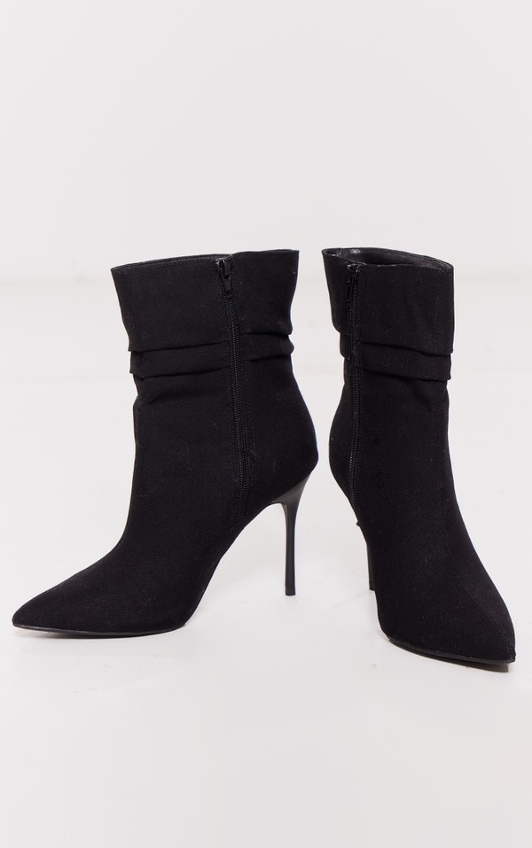 Black Woven Point Toe Ruched Heeled Ankle Boots image 3