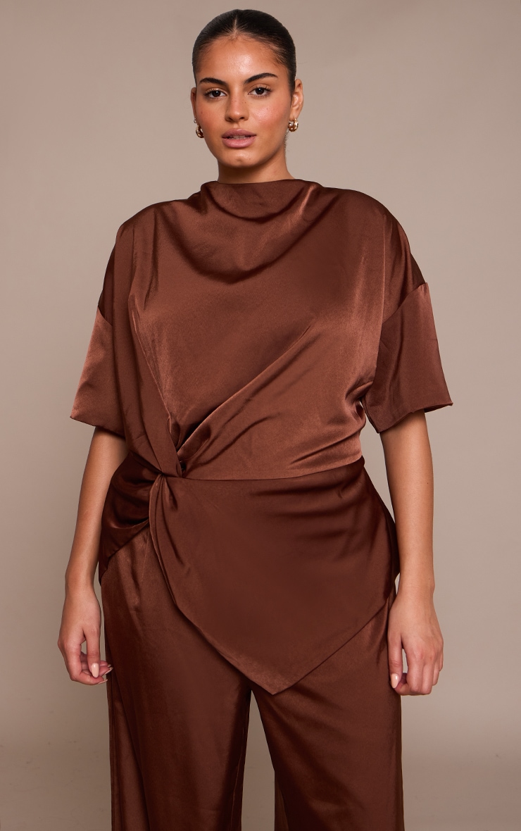 Plus Chocolate Satin Twist Detail Woven Top | Plus Size