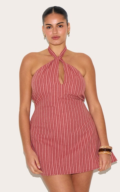 Plus Rust Striped Halterneck Shift Dress