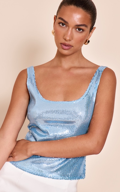 Sky Blue Sequin Scoop Neck Long Top