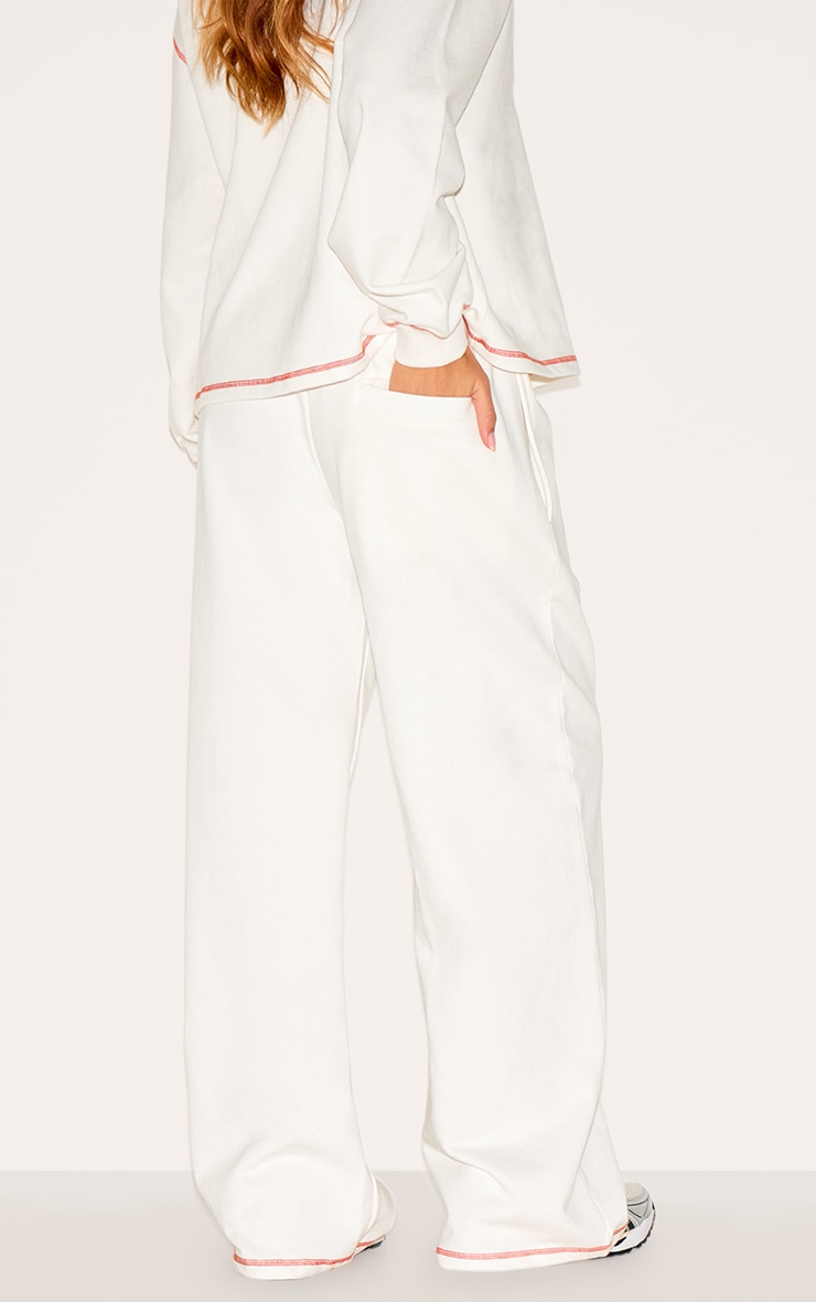 Cream Contrast Stitch Loopback Wide Leg Sweatpants image 3