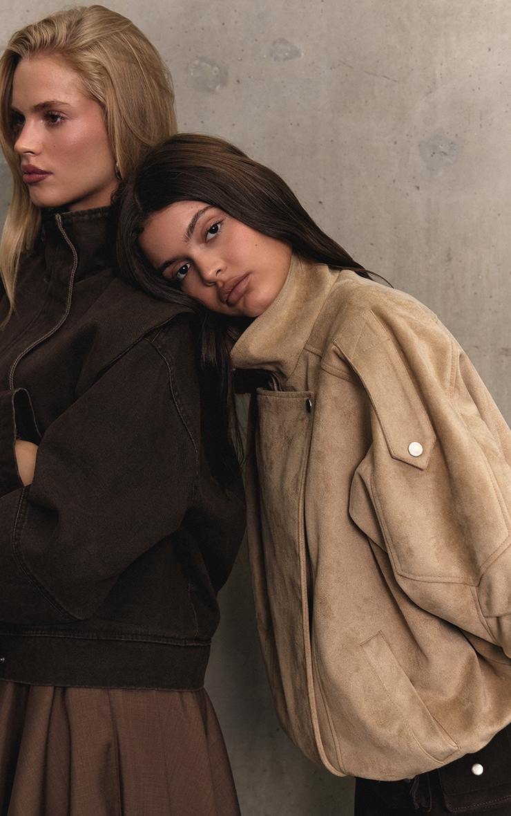 Sand Funnel Neck Low Belt Soft Faux Suede Biker Jacket