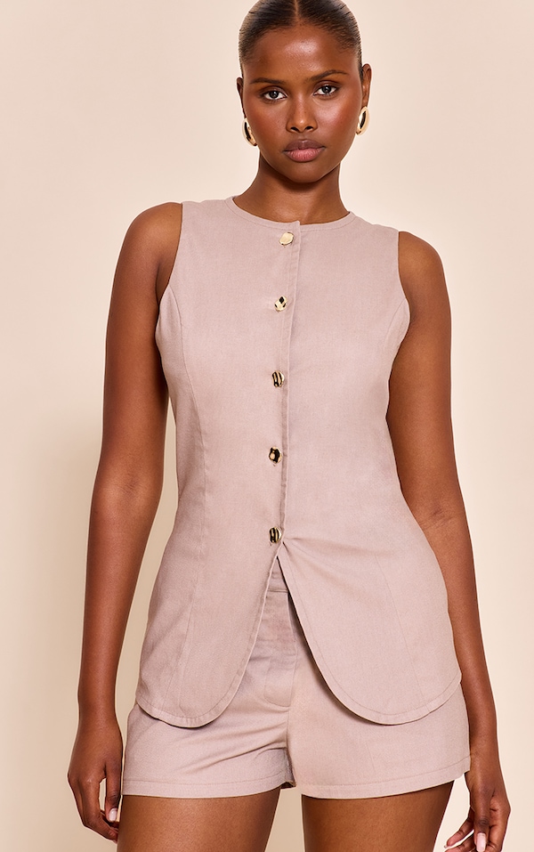 Taupe Textured Gold Button Trim Vest
