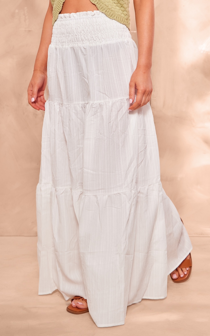 White Cheesecloth Shirred Waist Tiered Maxi Skirt image 2