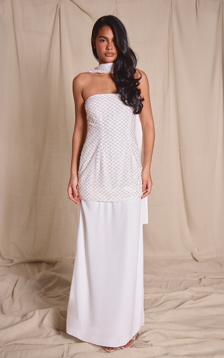 Premium White Embellished Bodice Neck Detail Chiffon Hem Maxi Dress