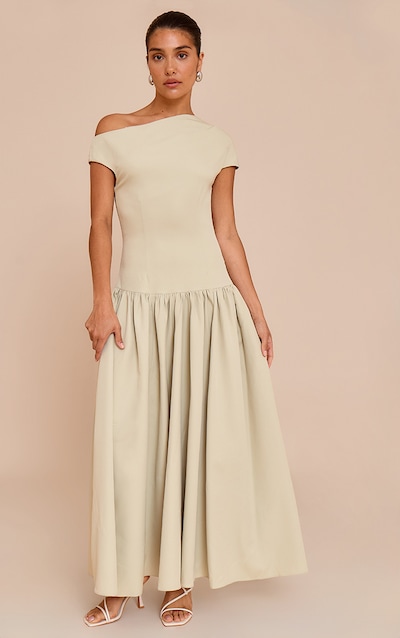 Petite Robe de tailleur longue sauge froncée à col montant asymétrique