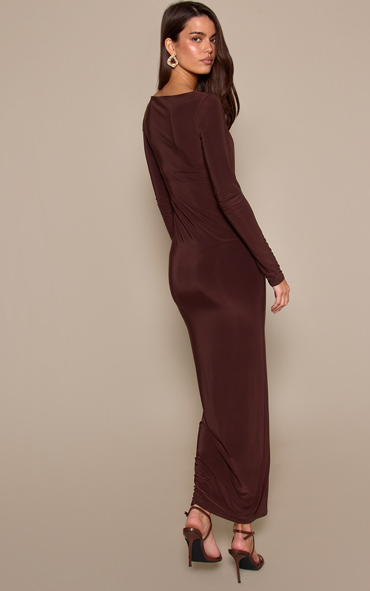 Chocolate Double Layer Slinky Long Sleeve Maxi Dress image 2