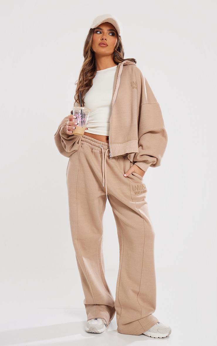 Light Mocha Washed Tonal Zip Up Boxy Hoodie | Athleisure