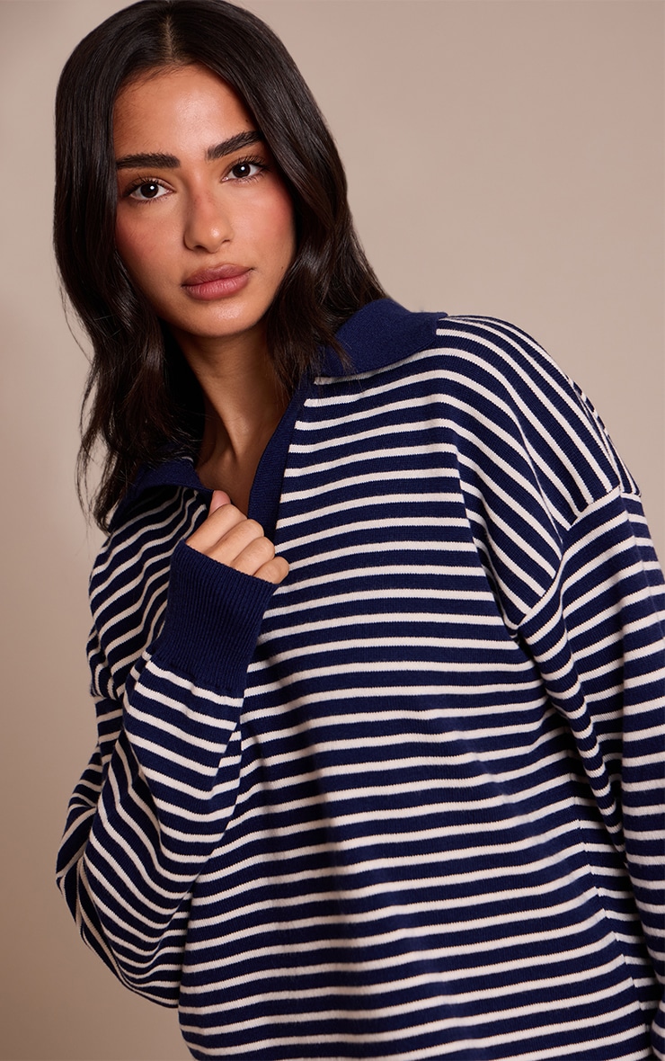 Petite Navy Striped Collar Knitted Sweater image 4