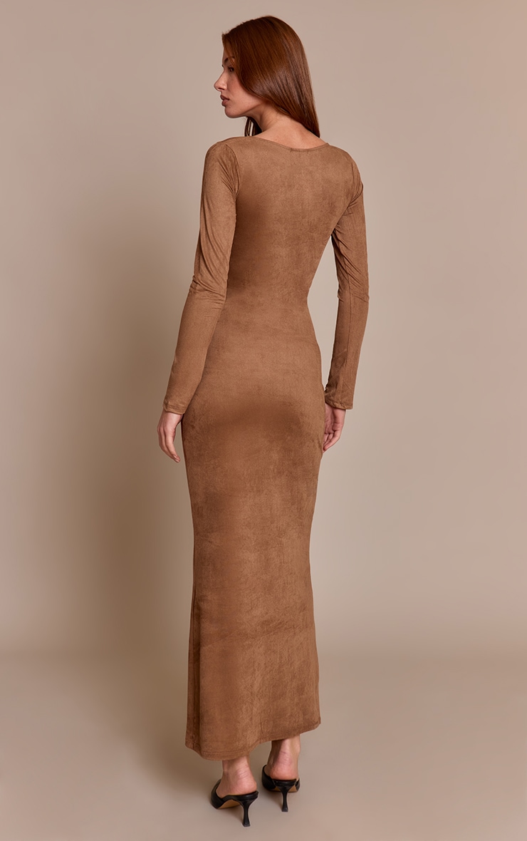 Tan Faux Suede Knot Detail Long Sleeve Maxi Dress image 2