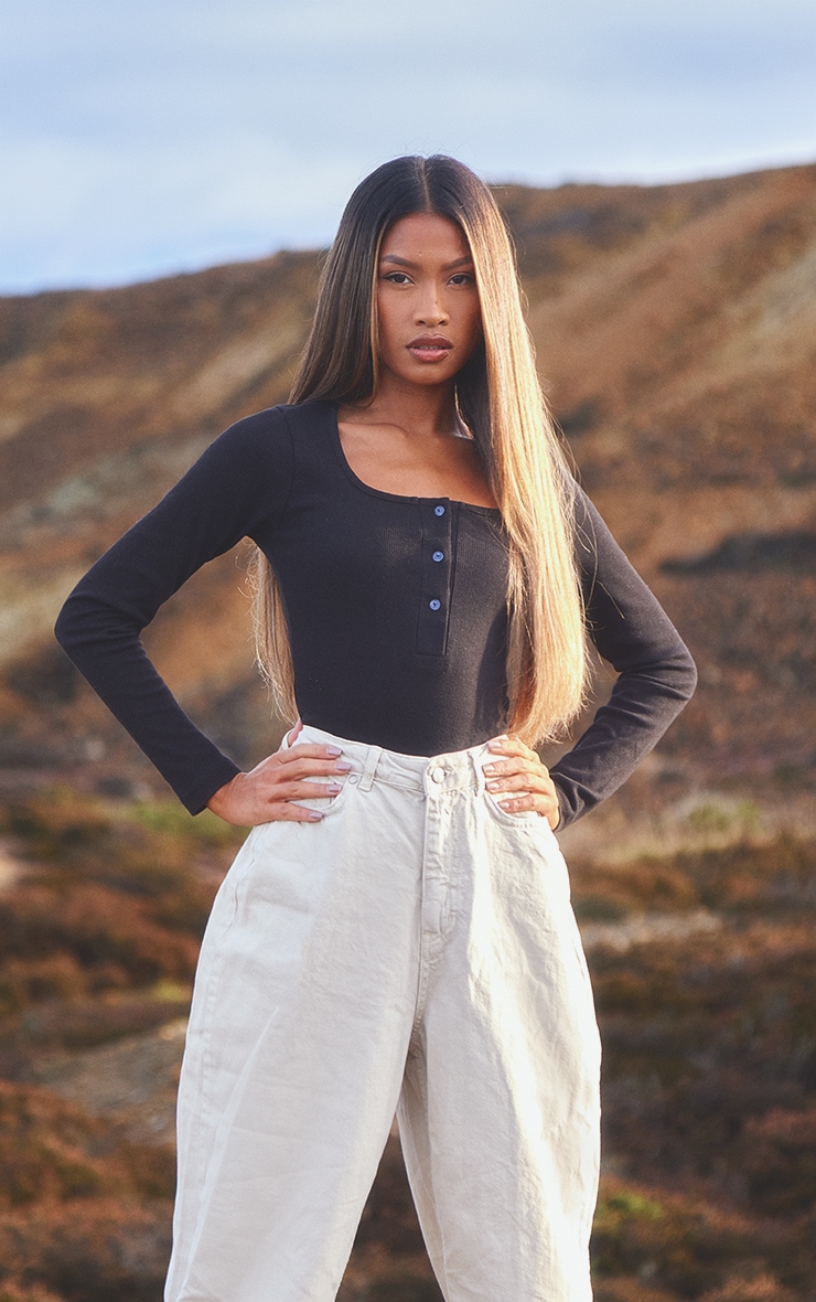 Black  Rib Button Up Bodysuit image 1