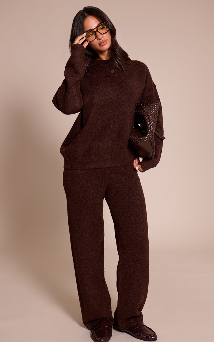 Petite Brown Collared Button Up Knitted Sweater image 3