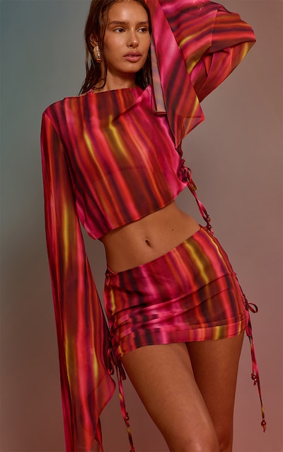 Purple Ombre Print Bead Trim Chiffon Beach Skirt