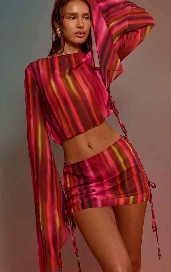 Purple Ombre Print Bead Trim Chiffon Beach Skirt