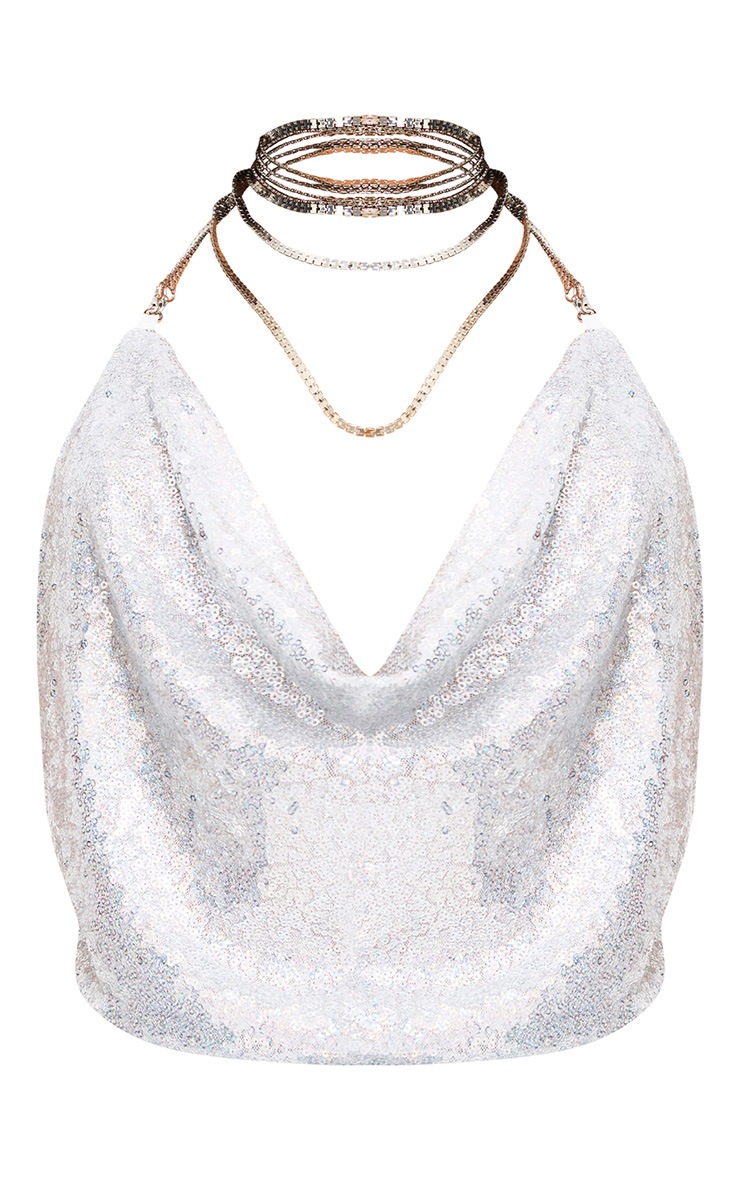 Silver Cowl Neck Sequin Chain Crop Top Tops PrettyLittleThing