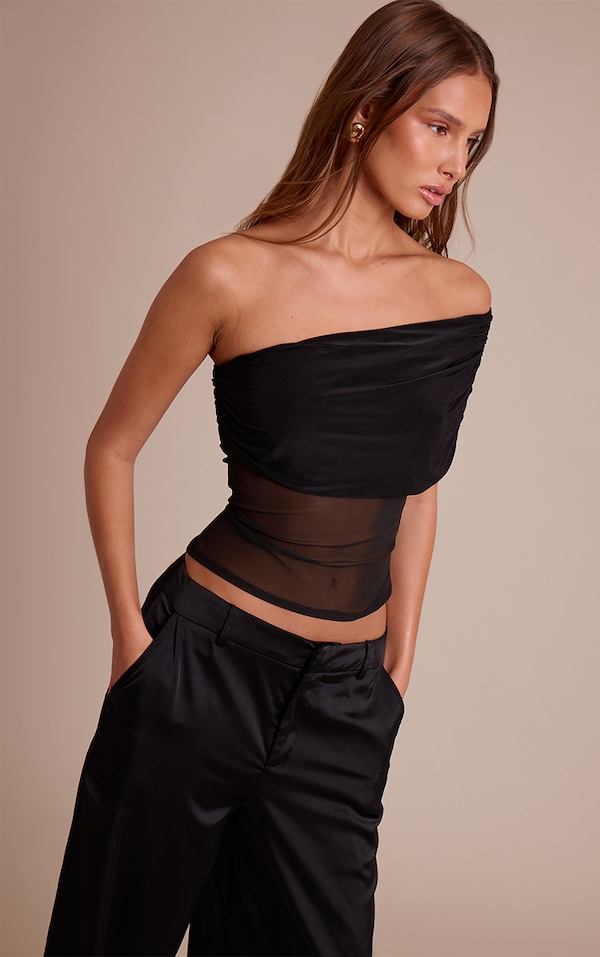 Black Mesh Panel Detail Asymmetric Long Top 