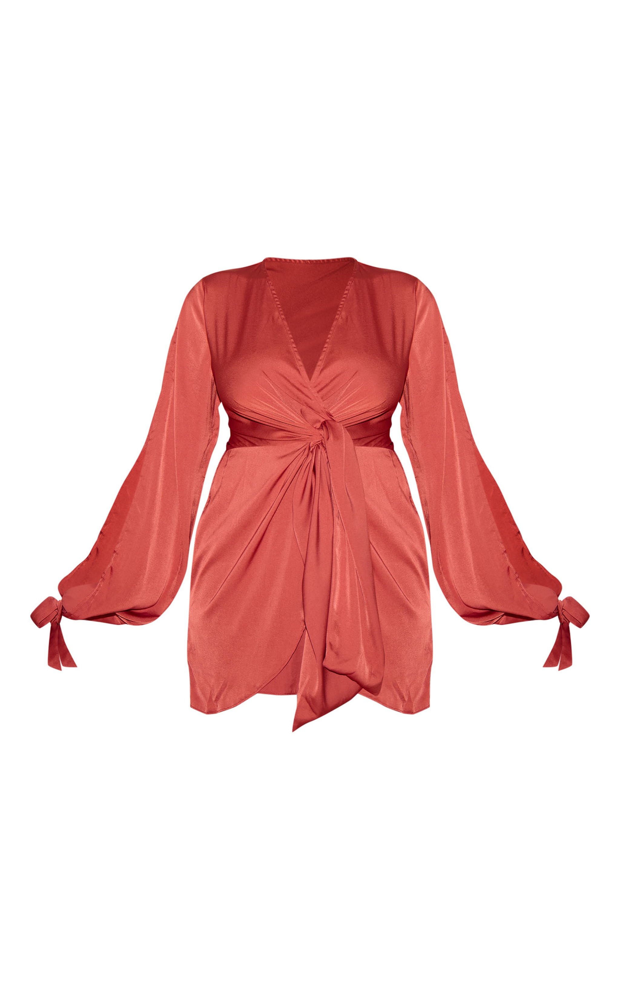 Plus Rust Plunge Neck Satin Twist Front Open Sleeve Wrap Dress image 5