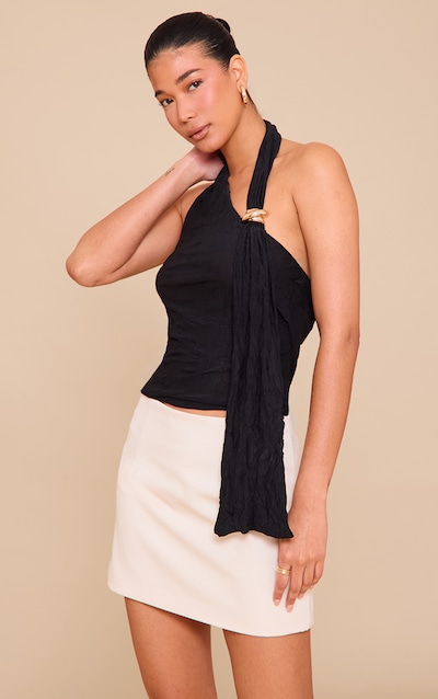 Black Double Layer Crinkle Mesh Drape Detail Long Top