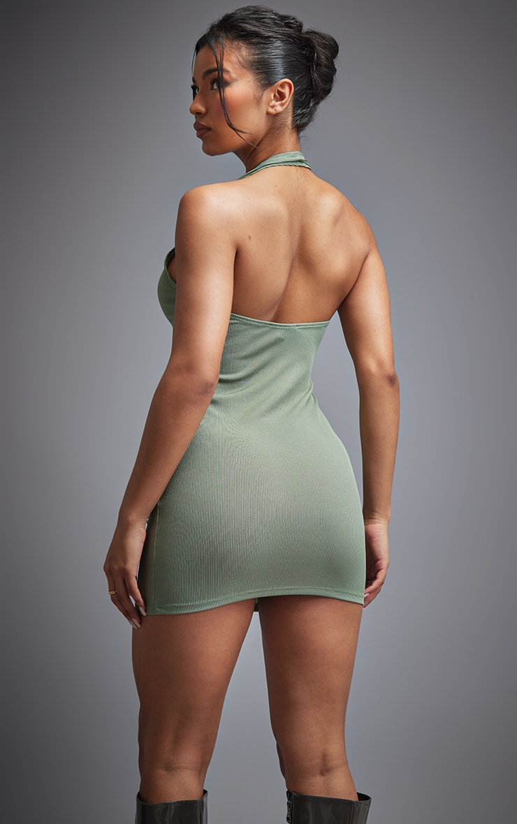 Khaki Ribbed Halter Neck Low Back Bodycon Dress image 2